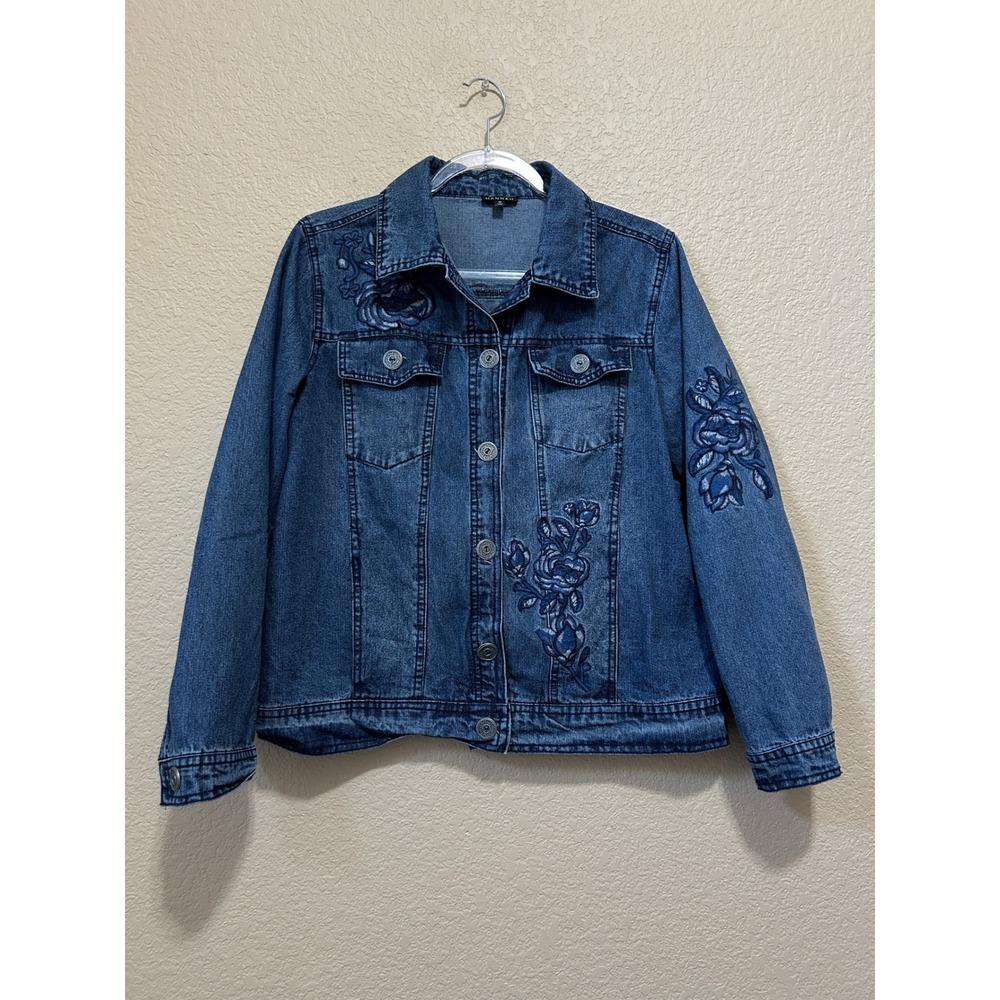 Hannah M Denim Jacket Blue Floral Embroidered Boho Trucker Medium Wash Coat